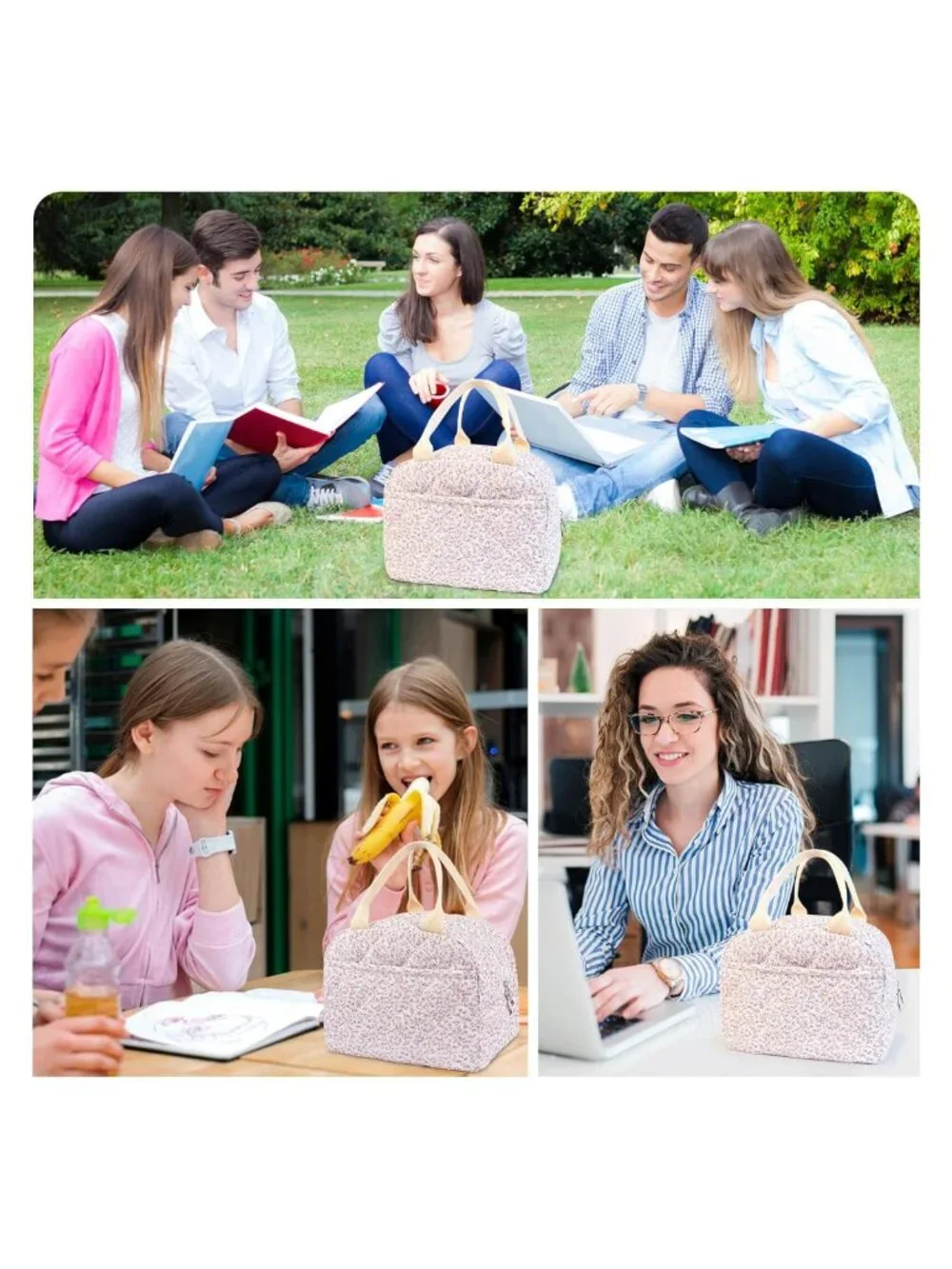 Quilted Cotton Insulated Lunch Bag Floral Reusable Lunch Tote